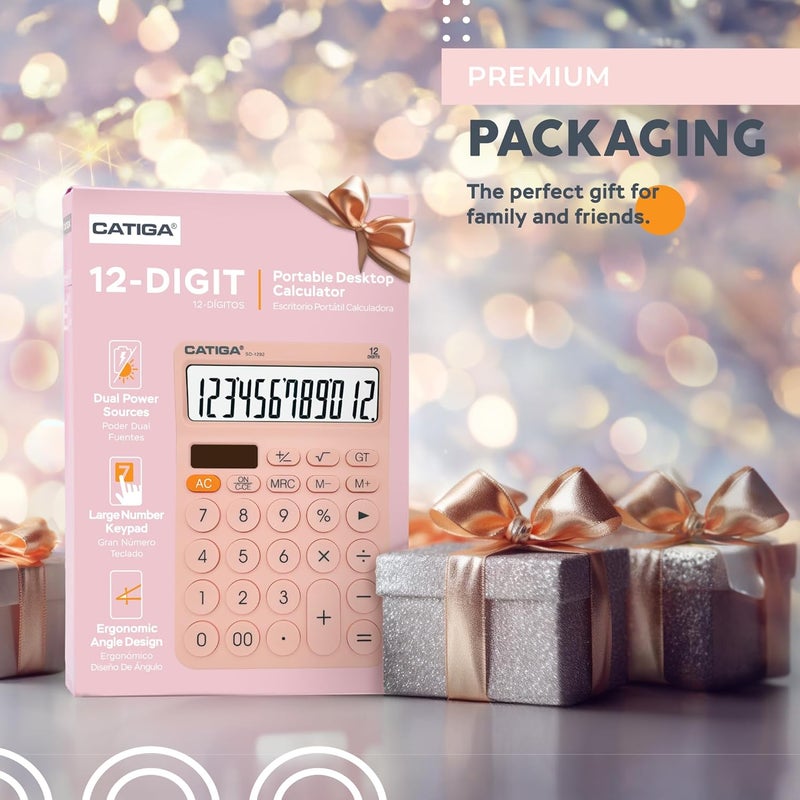 CATIGA 12 Digit Desktop Calculator Basic Desk Calculator with Large LCD Display, Big Buttons, 4 Function, Solar and Battery Dual Power, for Office, School, Home, SD-1292 Pink - Image 3